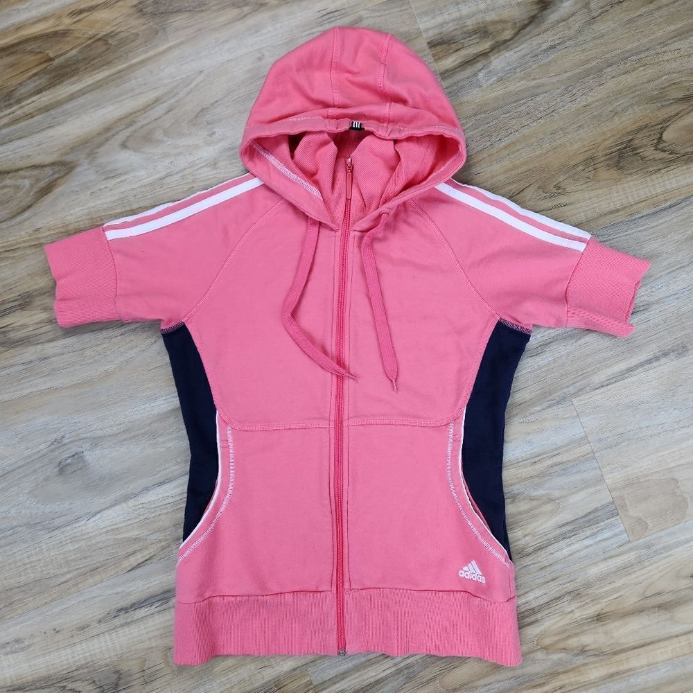 🩵Adidas Vintage Coral Zippered Hoodie Short Sleeve Jacket Small